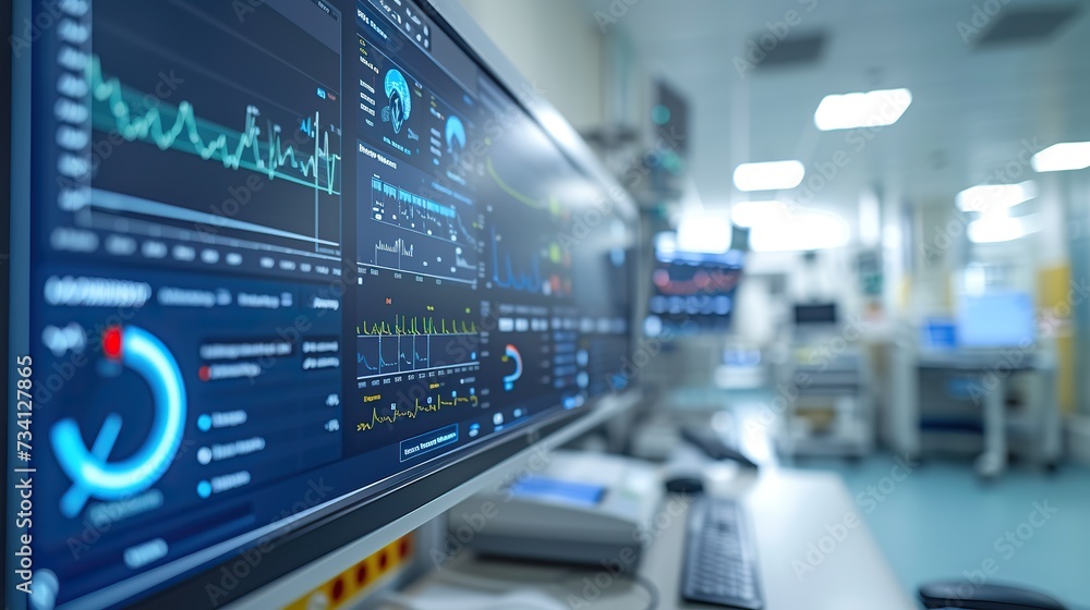 A medical monitoring system in a hospital displays various vital signs and health data on large screens, aiding in patient care and diagnostics. A medical monitoring system in a hospital displays various vital signs and health data on large screens, aiding in patient care and diagnostics.