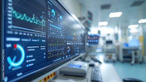 A medical monitoring system in a hospital displays various vital signs and health data on large screens, aiding in patient care and diagnostics.
