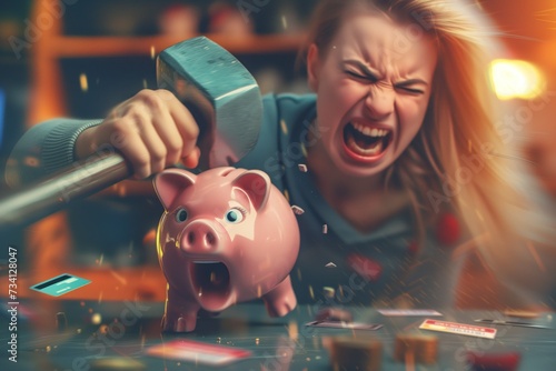 Screaming woman with a hammer is about to break a piggy bank which is running from her on a table with a blurred credit card in the background, funny illustration photo