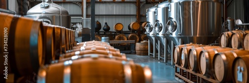 Artisanal Craft Brewery Interior with Wooden Barrels and Steel Tanks