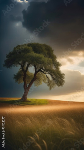 Beautiful landscape big lonely tree stands in a field  stormy clouds in the sky  the sun s rays break through the clouds  space for text