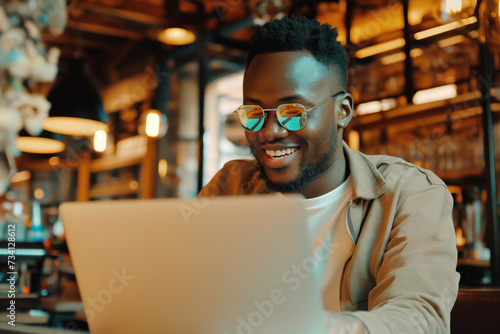 A cheerful young man is using a laptop in a warmly lit environment, possibly a cafe or co-working space. He is wearing trendy glasses and seems focused and happy. Digital nomad concept