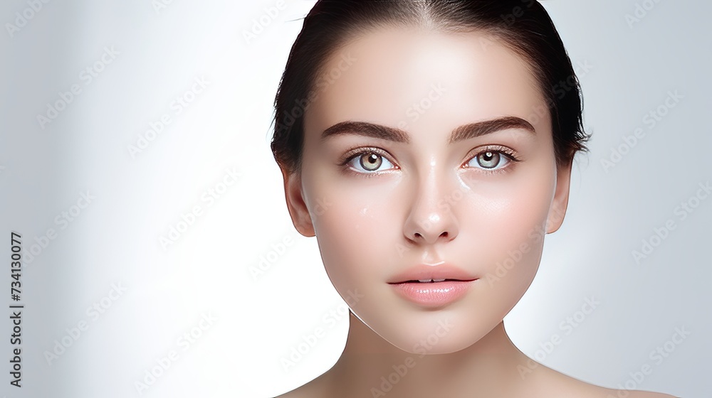 Gorgeous brunette woman with blue eyes, clear glowing skin, perfect shiny body after spa effect, doing nourishing skincare routine, spa at home, standing over white background Gorgeous brunette woman with blue eyes, clear glowing skin, perfect shiny body after spa effect, doing nourishing skincare routine, spa at home, standing over white background