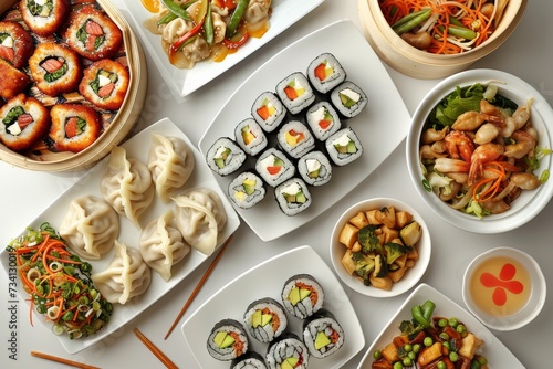 An overhead shot of an Asian cuisine spread, featuring sushi rolls, dumplings, stir-fry dishes, and chopsticks, set on a minimalist table for a modern dining experience