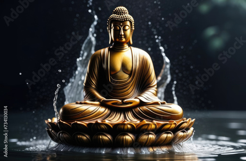 Songkran, Thai New Year, bronze Buddha statue in water, sacred deity, drops and splashes, dark background photo