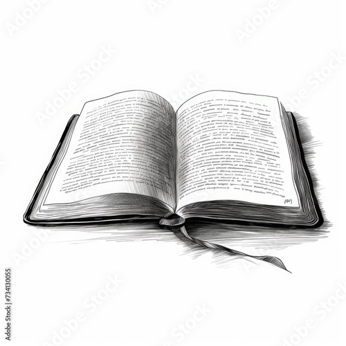 Open book gravure illustration. Retro open book with text. Isolated on white illustration.