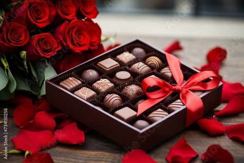 a box of chocolate with red roses on the table