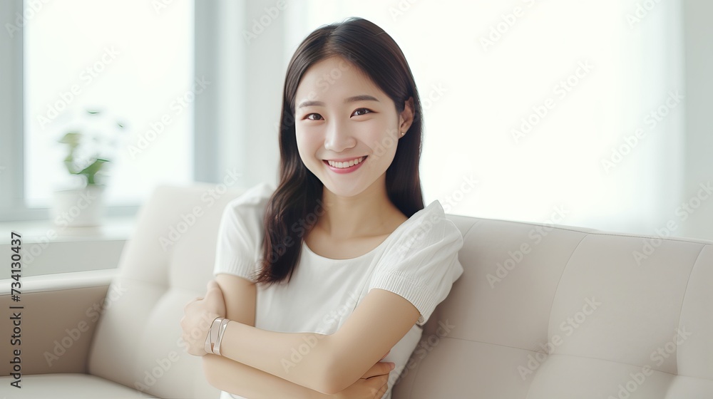 Happy Asian woman sitting on sofa showing arm with plaster after vaccination Happy Asian woman sitting on sofa showing arm with plaster after vaccination