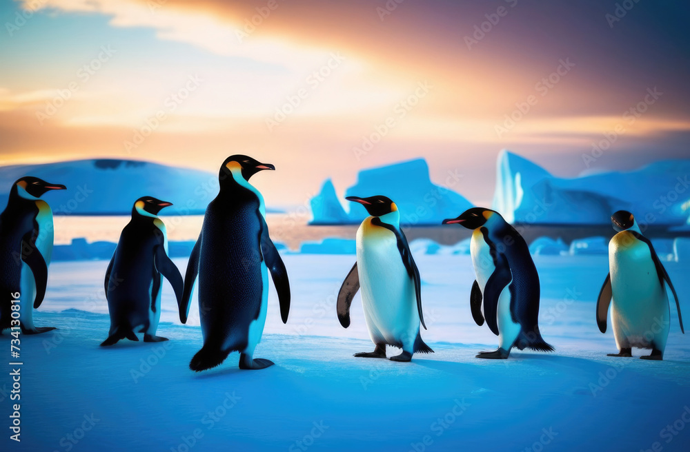 World Penguin Day, a flock of adult penguins on an ice floe, the far north, the kingdom of ice and snow, a snowy shore, an iceberg in the ocean, a frosty sunny day