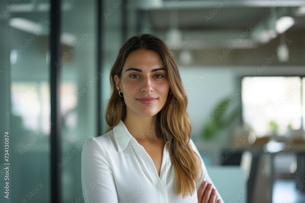 Confident Businesswoman in Corporate Office Setting Confident Businesswoman in Corporate Office Setting