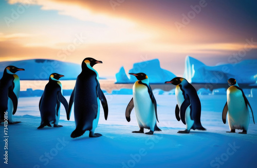 World Penguin Day  a flock of adult penguins on an ice floe  the far north  the kingdom of ice and snow  a snowy shore  an iceberg in the ocean  a frosty sunny day