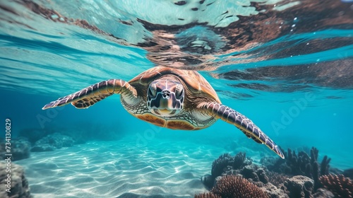 Happy cute sea turtle swimming freely in the blue ocean. Scuba diving with the underwater sea turtle. RIch blue sea water background. Exotic vacation with sea turtle