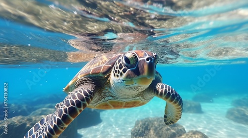 Happy cute sea turtle swimming freely in the blue ocean. Scuba diving with the underwater sea turtle. RIch blue sea water background. Exotic vacation with sea turtle