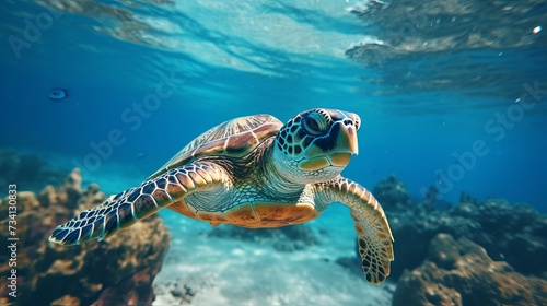 Happy cute sea turtle swimming freely in the blue ocean. Scuba diving with the underwater sea turtle. RIch blue sea water background. Exotic vacation with sea turtle photo
