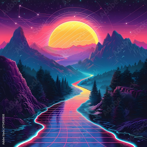 Vibrant Synthwave Aesthetic with Neon Nature Landscape