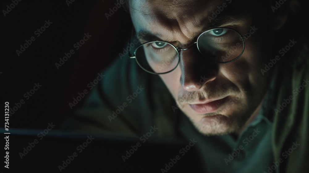 Man looks intently at a laptop screen in the dark Man looks intently at a laptop screen in the dark
