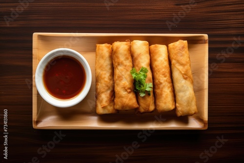 Overhead View of Fried Egg Rolls and Dipping Sauce