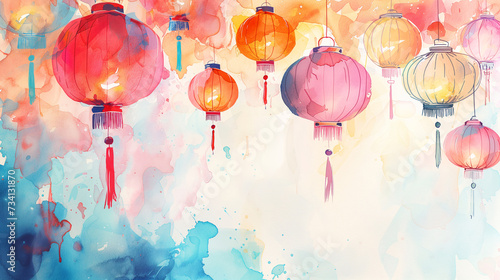 chinese lantern festival banner with copy space. Watercolor style illustration with color spots. round lamps, decorated with tassels