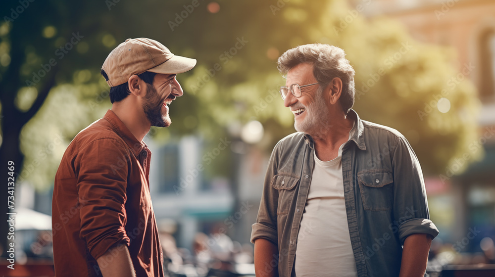 The two old man sat on a park bench, smiling and talking with friend The two old man sat on a park bench, smiling and talking with friend