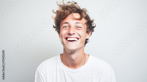 portrait of laughing man with big tooth gap, short hair and freckles, photo