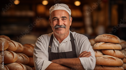 A cheerful baker with a mustache, wearing a white hat and apron, proudly poses with arms crossed in front of a stack of freshly baked bread in a cozy bakery