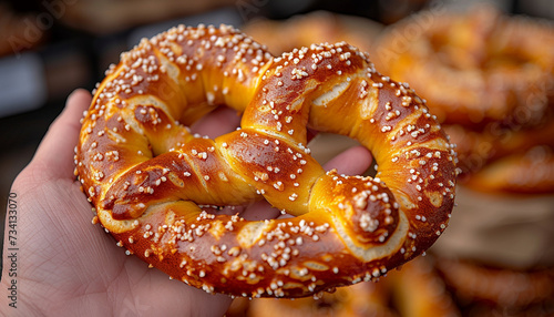 A close-up of a hand holding a large, salted, baked pretzel with a crispy crust.