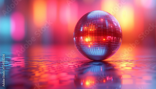 A disco ball glimmers with vibrant pink bokeh lights on a glittering background.