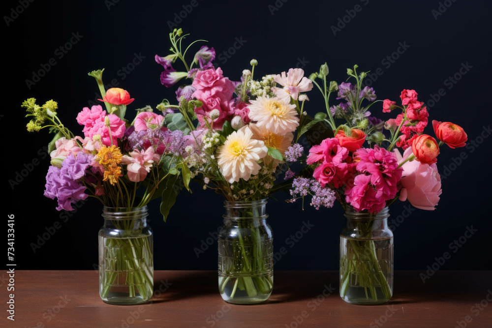 Three glass jars filled with water and flowers on a black background