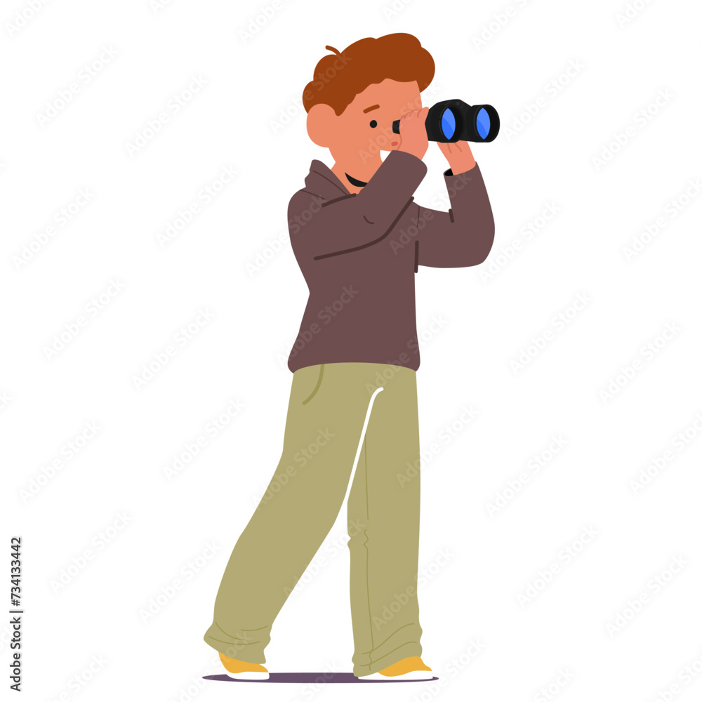Curious Little Boy Peers Through Binoculars. Kid Character Exploring The World With Wonder, Discovering Hidden Realms Curious Little Boy Peers Through Binoculars. Kid Character Exploring The World With Wonder, Discovering Hidden Realms