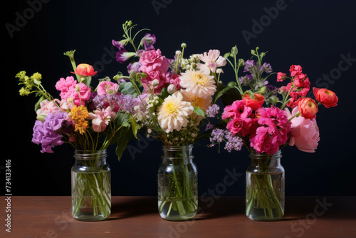 Three glass jars filled with water and flowers on a black background