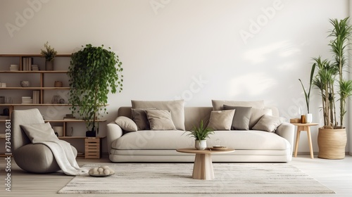Modern scandinavian interior of living room with design grey sofa, armchair, a lot of plants, coffee table, carpet and personal accessories in cozy home decor. Template