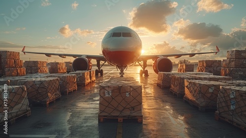 Cargo pallets are being loaded into a commercial airplane