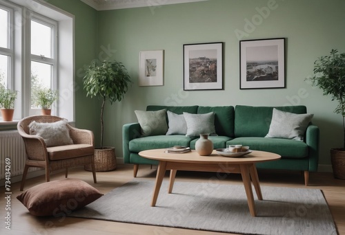 The living room has soft green walls  a comfy green sofa  and modern Scandinavian furniture