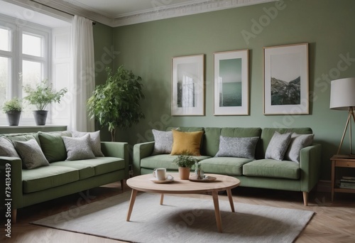 The living room has soft green walls  a comfy green sofa  and modern Scandinavian furniture