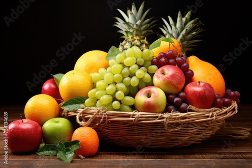 Fresh and healthy fruits in straw baskets  Fresh healthy fruits on the straw basket on a Dark background  Ai generated