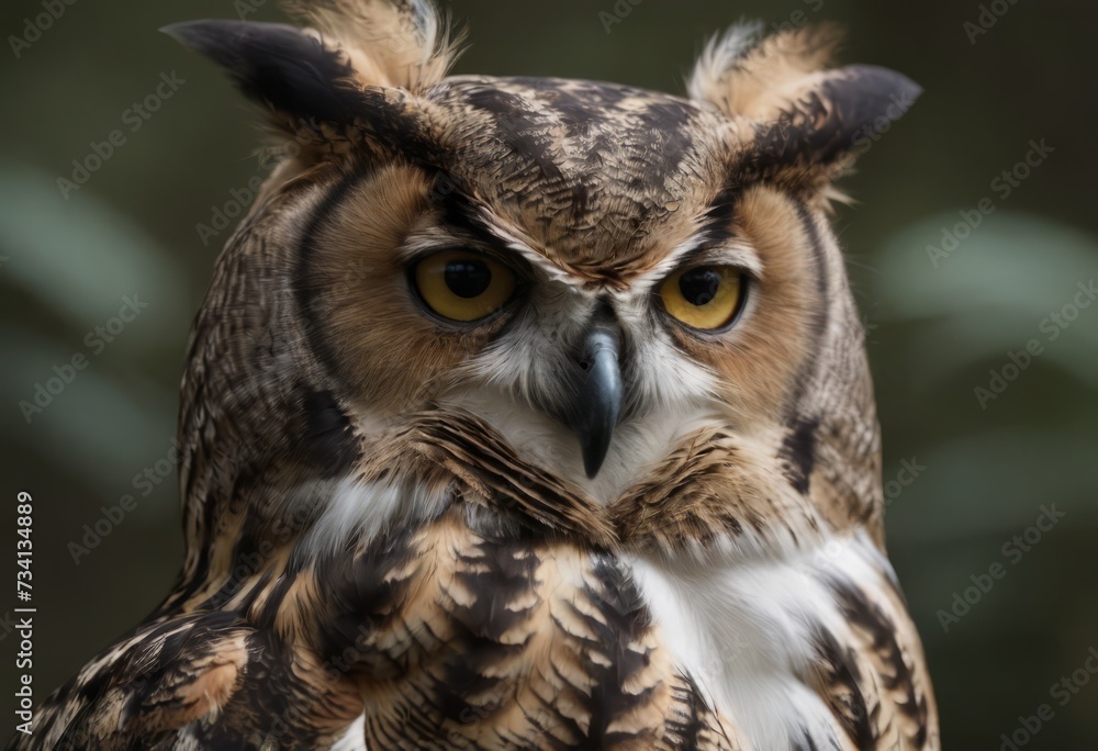 An Eurasian Eagle Owl staring at something out of shot in a woodland setting. An Eurasian Eagle Owl staring at something out of shot in a woodland setting.