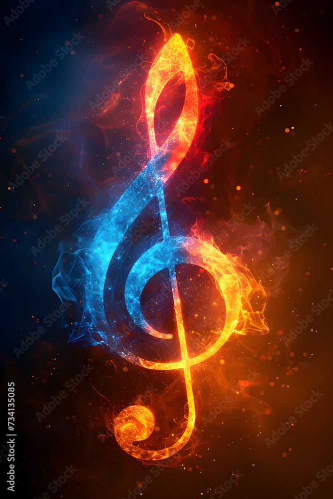 Vertical illustration of a glowing music G clef with colorful colors on black background Vertical illustration of a glowing music G clef with colorful colors on black background
