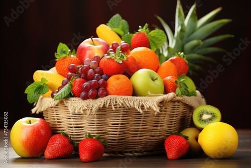 Fresh and healthy fruits in straw baskets, Fresh healthy fruits on the straw basket on a Dark background, Ai generated