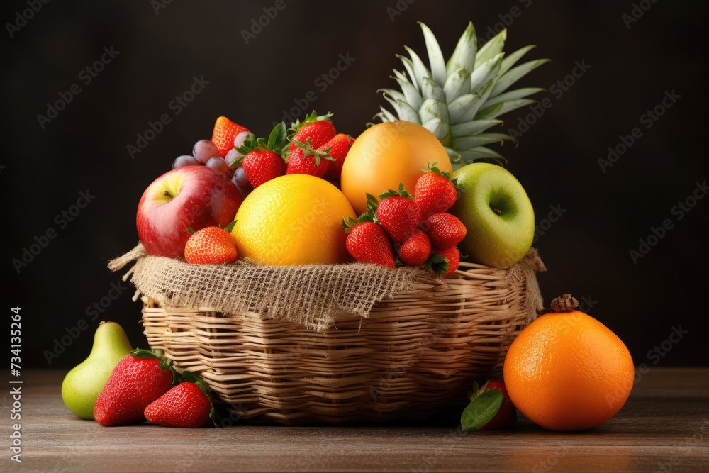 Fresh and healthy fruits in straw baskets, Fresh healthy fruits on the straw basket on a Dark background, Ai generated Fresh and healthy fruits in straw baskets, Fresh healthy fruits on the straw basket on a Dark background, Ai generated