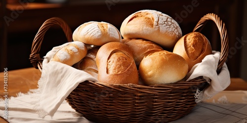 Fresh baked bakery bread and buns wheat products on kitchen wooden rustic table background scene