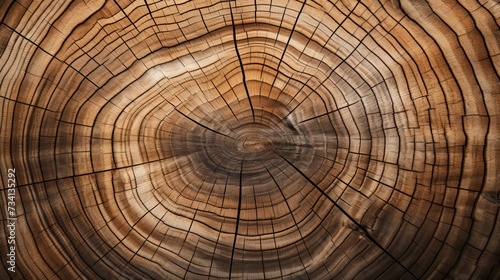 Old wooden oak tree cut surface. Detailed warm dark brown and orange tones of a felled tree trunk or stump. Rough organic texture of tree rings with close up of end grain photo
