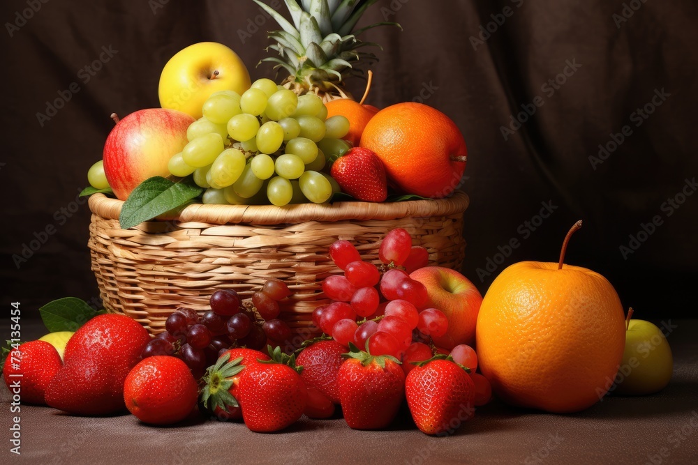 Fresh and healthy fruits in straw baskets, Fresh healthy fruits on the straw basket on a Dark background, Ai generated Fresh and healthy fruits in straw baskets, Fresh healthy fruits on the straw basket on a Dark background, Ai generated