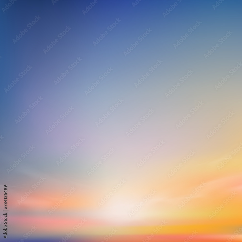 Sunset Sky in Summer Evening for Background,Beautiful Nature Landscape Spring Sunrise in Morning with Blue,Orange,Yellow,Pink,Vector Holiday Banner Horizon Sunlight,Clouds by sea beach