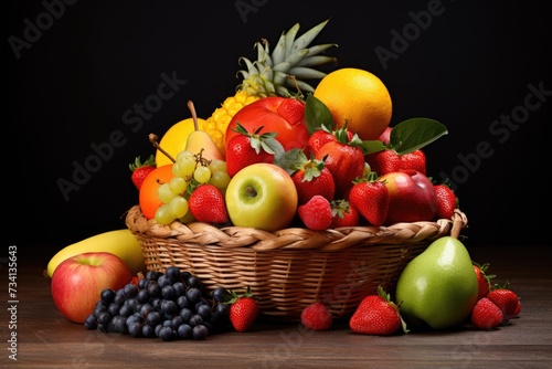 Fresh and healthy fruits in straw baskets  Fresh healthy fruits on the straw basket on a Dark background  Ai generated