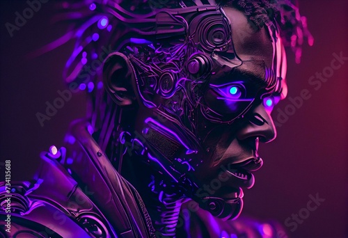 Robô de perfil com olhos em roxo neon magro GERADOS POR A.I. Generative AI photo
