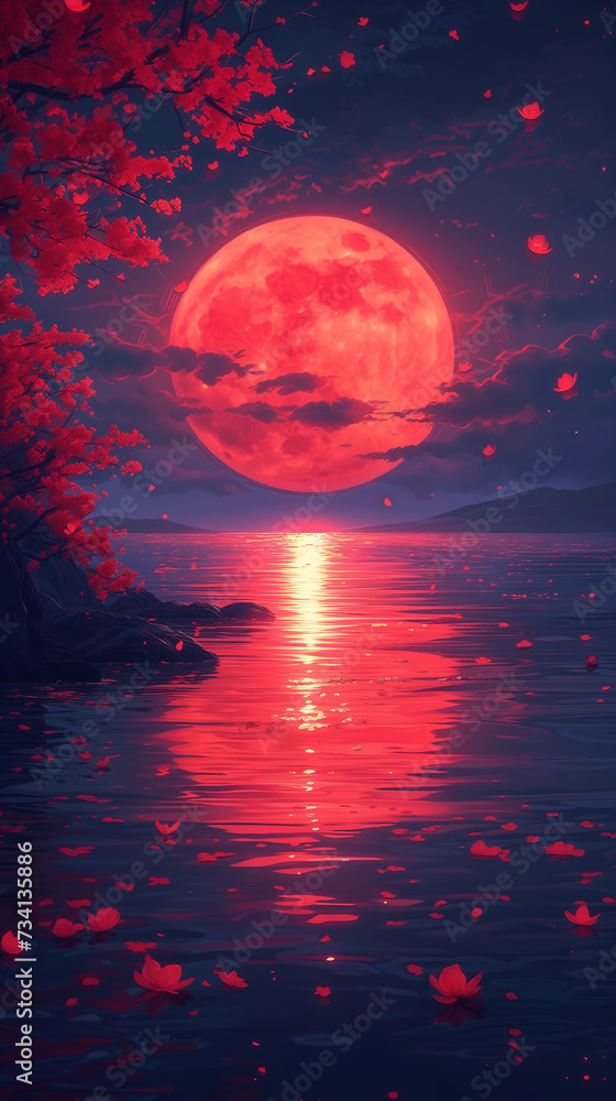 Red moon rises over a lake surrounded by oriental cherry trees with red leaves, reflecting in the water