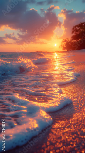 Sunset over the ocean with waves gently breaking on the shore, reflecting the warm sunset colors