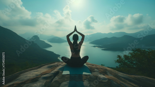 Yoga in the mountains on a mountain top overlooking a bay at dawn or dusk