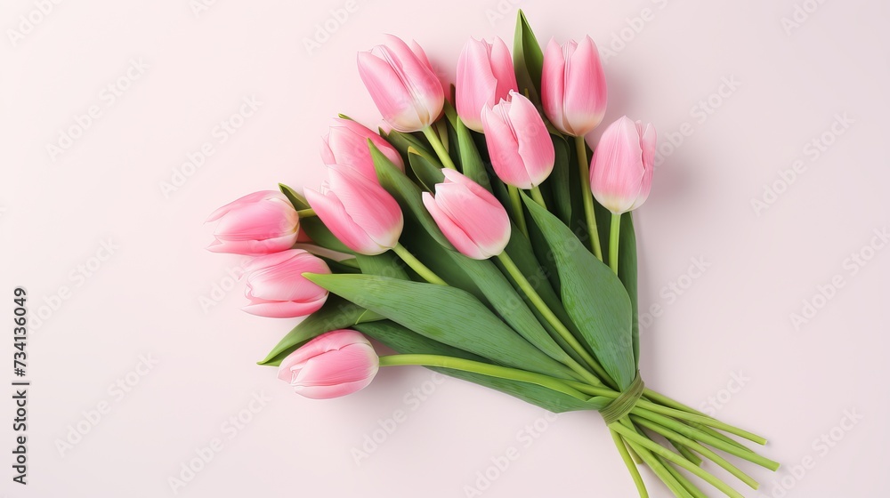 Pink tulip flowers bouquet on white background. Flat lay, top view