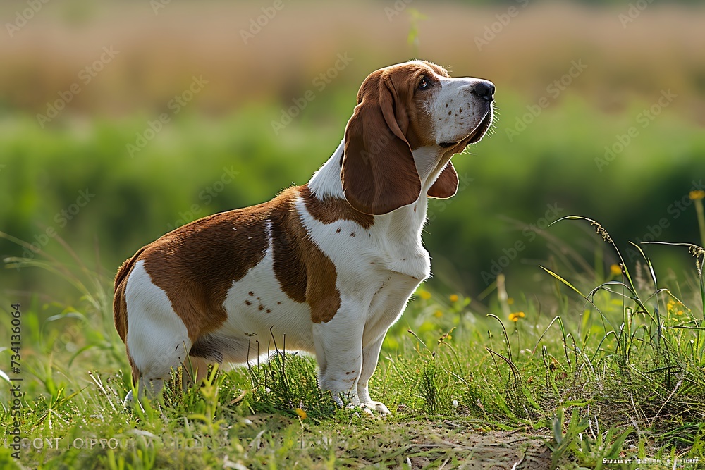 A Basset Hound dog standing in grass A Basset Hound dog standing in grass